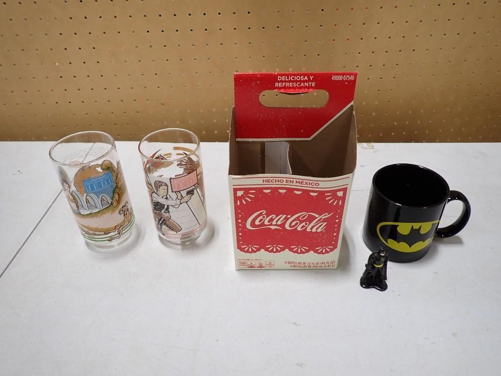 Vintage Star Wars Return of the Jedi Glasses, Coca Cola Cardboard Holder, Batman Figure and Mug: Vintage Star Wars Return of the Jedi Glasses, Coca Cola Cardboard Holder, Batman Figure and Mug All pictures are considered part of the description and should be examined carefully by bidders. Live Au