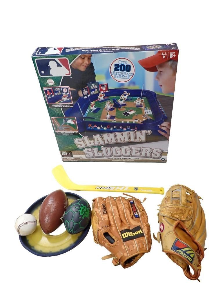 Slammin Sluggers, 2 Baseball Mitts, Toy Footballs, Baseball, Etc: Slammin Sluggers, 2 Baseball Mitts, Toy Footballs, Baseball, Etc All pictures are considered part of the description and should be examined carefully by bidders. Live Auctioneers is now offering Live 