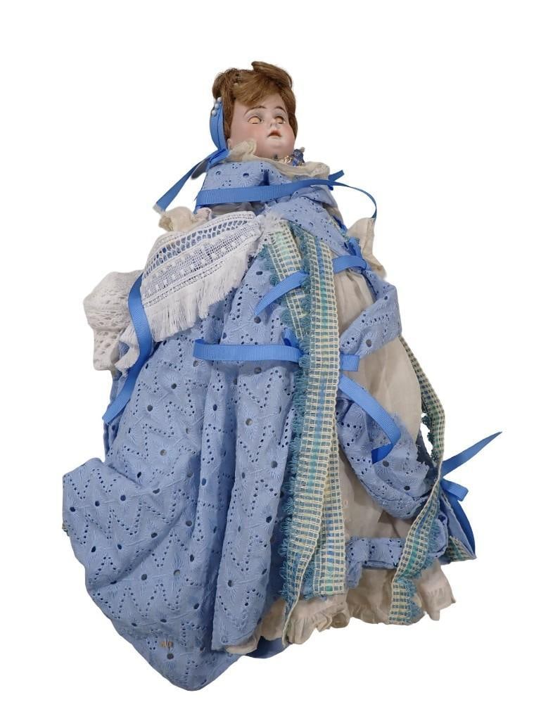 Antique early 1900's Armand Marseille Bisque Porcelain and Cloth 16" doll: Antique early 1900's Armand Marseille Bisque Porcelain and Cloth 16" doll with Brown glass sleep eyes, human hair wig, porcelain head and hands, cloth body, elaborate hand made Victorian style