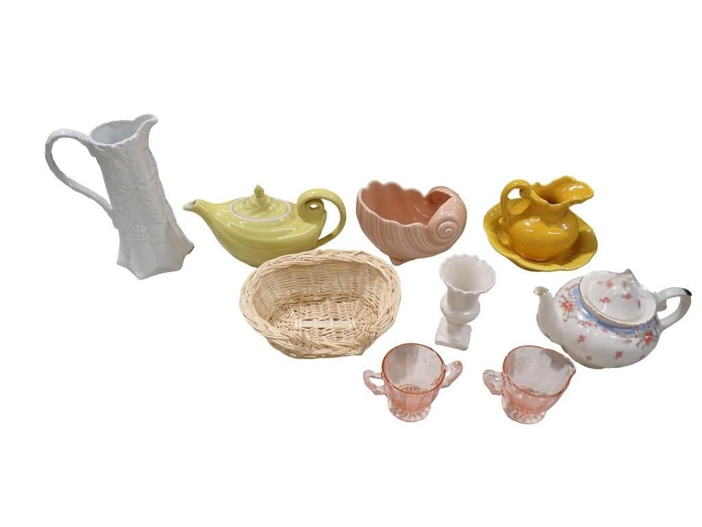 Lot of Ceramic Items incl Hot Chocolate Pot, Hall Pottery Teapot, Pink Depression Glass Creamer and: Lot of Ceramic Items incl Hot Chocolate Pot, Hall Pottery Teapot, Pink Depression Glass Creamer and Sugar Bowl, etc All pictures are considered part of the description and should be examined carefully