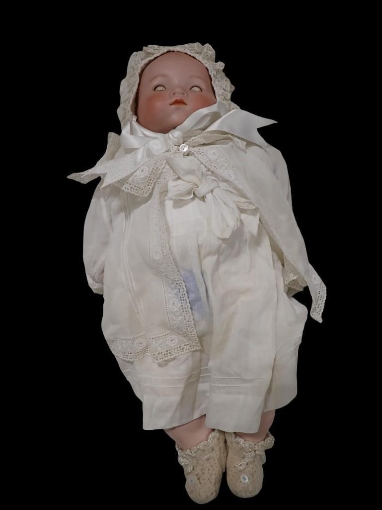 Antique Armand Marseille 18" Porcelain Bisque & Cloth Baby Doll w/ Blue Glass Sleep Eyes: Antique Armand Marseille 18" Porcelain Bisque & Cloth Baby Doll with Blue Glass Sleep Eyes. Marked "AM" on back of head. Right fingers have wear. Eyelid paint has som