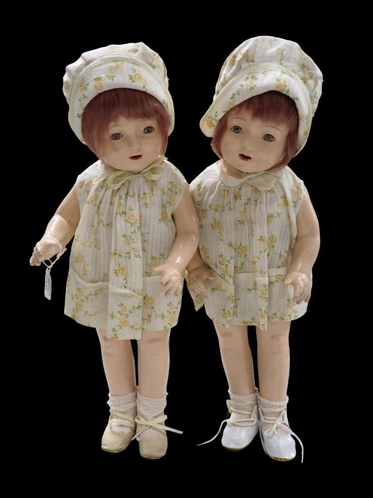 2 Vtg 17" Rosebud Compo Twins Dolls. Compo Head & Limbs, Cloth Bodies, Sleep Tin Eyes,: 2 Vintage 17" Rosebud Compo Twins Dolls. Compo Head & Limbs, Cloth Bodies, Sleep Tin Eyes, delicate eyelashes, mohair wigs, open mouths, upper teeth, original tagged outfits. Dolls have 
