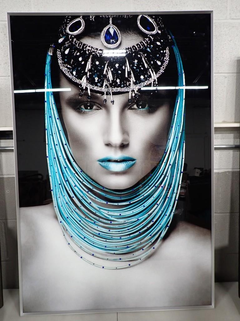 Framed Mixed Media Print - Woman of Turquoise Rhinestones. Measures roughly 48x32": Framed Mixed Media Print - Woman of Turquoise Rhinestones. Measures roughly 48x32" All pictures are considered part of the description and should be examined carefully by bidders. Live Auctioneers