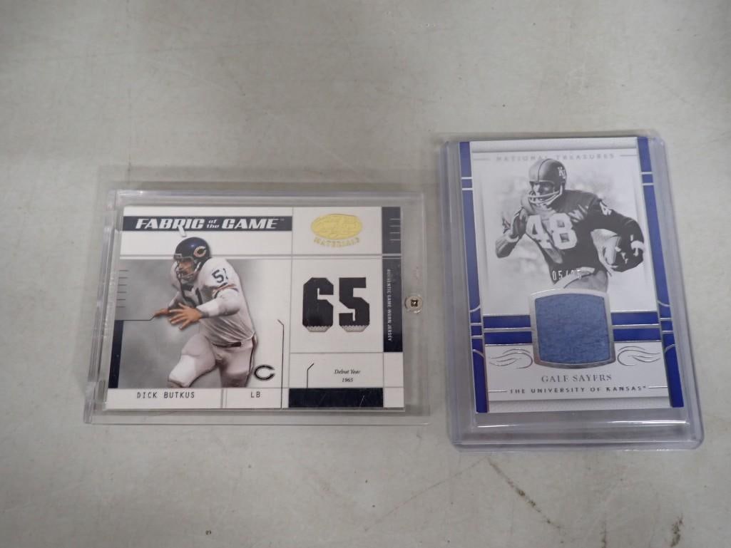 Dick Butkus Chicago Bears Jersey Fabric Card and Gale Sayers University of Kansas Jersey Card: Dick Butkus Chicago Bears Jersey Fabric Card and Gale Sayers University of Kansas Jersey Card All pictures are considered part of the description and should be examined carefully by bidders. Live Auct