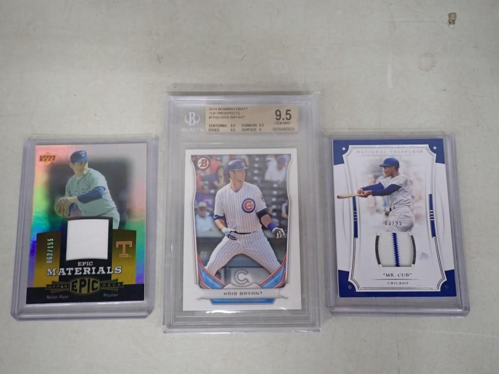 Nolan Ryan, Kris Bryant Beckett 9.5 Mint, and Ernie Banks Panini Jersey Card: Nolan Ryan, Kris Bryant Beckett 9.5 Mint, and Ernie Banks Panini Jersey Card All pictures are considered part of the description and should be examined carefully by bidders. Live Auctioneers is now of