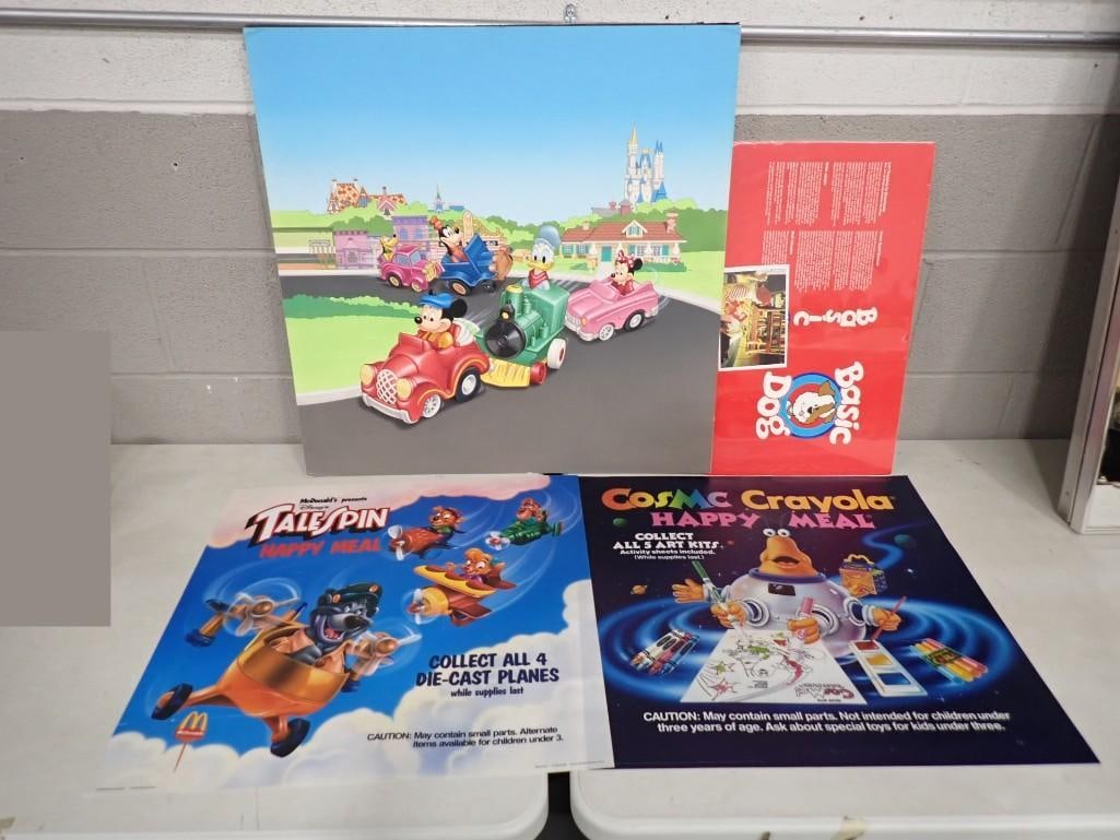 Vintage 1986 McDonald's Walt Disney Advertisement Materials including Tale Spin Happy Meal, CosMc: Vintage 1986 McDonald's Walt Disney Advertisement Materials including Tale Spin Happy Meal, CosMc Crayola, Prop Bookcocer for 1994 Ronald Finds a Dog, See last picture for more information A