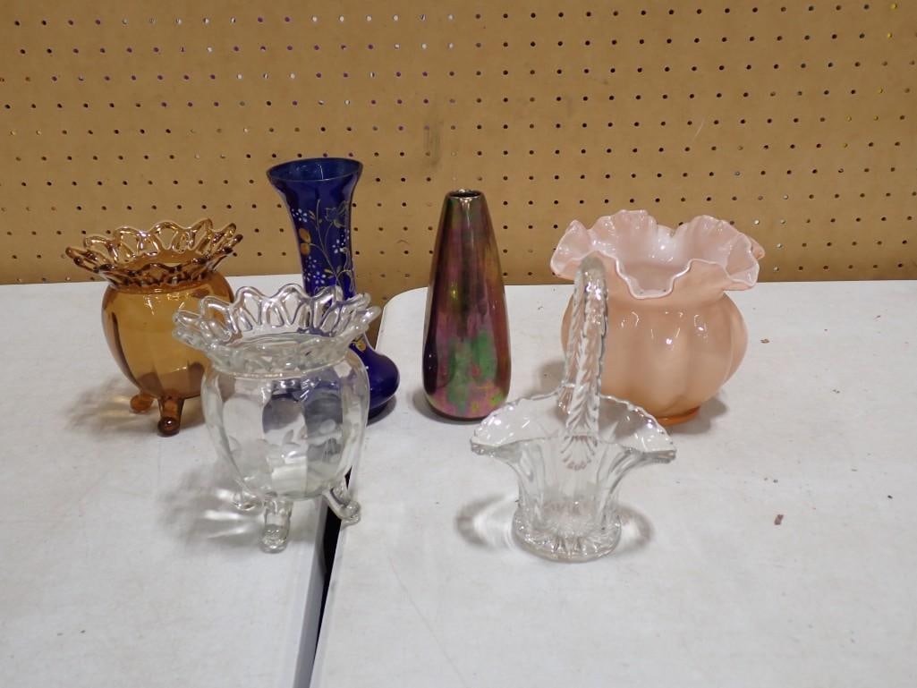 Vintage Glass Lot including Vases, Painted, Amber, Ribbed Art Glass, Cobalt, Crocheted, etc: Vintage Glass Lot including Vases, Painted, Amber, Ribbed Art Glass, Cobalt, Crocheted, etc All pictures are considered part of the description and should be examined carefully by bidders. Live Auctio