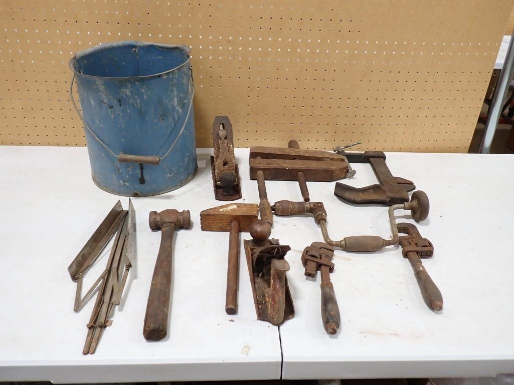 Primitives / Antique Tools Lot including Clamps, Hammers, Pipe Wrenches, Music Stand, Blue Bucket (1 of 7)