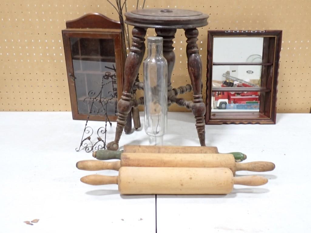 Vintage Kitchen / Home Lot including Stool, Rug Beater, Rolling Pins, Mirror Shelf, Trinket or: Vintage Kitchen / Home Lot including Stool, Rug Beater, Rolling Pins, Mirror Shelf, Trinket or Medicine Cabinet, etc. All pictures are considered part of the description and should be examined careful