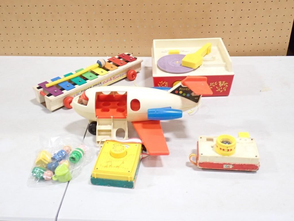 Vintage Fisher Price Toy Lot including Pull-A-Tune Xylophone, Record Player, Camera, Radio, Family: Vintage Fisher Price Toy Lot including Pull-A-Tune Xylophone, Record Player, Camera, Radio, Play Family Fun Jet, etc. All pictures are considered part of the description and should be examined careful