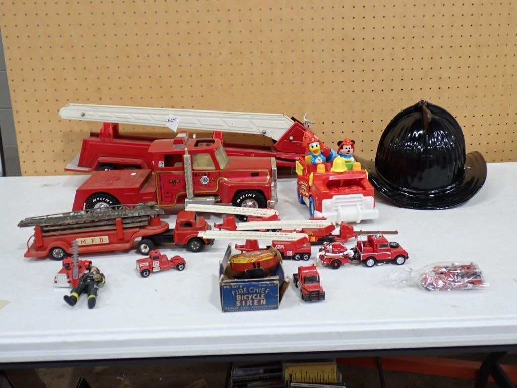 Fireman / Firefighter Toy Lot including Nylint Pressed Steel, Walt Disney, Vintage, Fire Chief Bicyc: Fireman / Firefighter Toy Lot including Nylint Pressed Steel, Walt Disney, Vintage, Fire Chief Bicycle Siren, Die-Cast, Hat, etc. All pictures are considered part of the description and should be exam