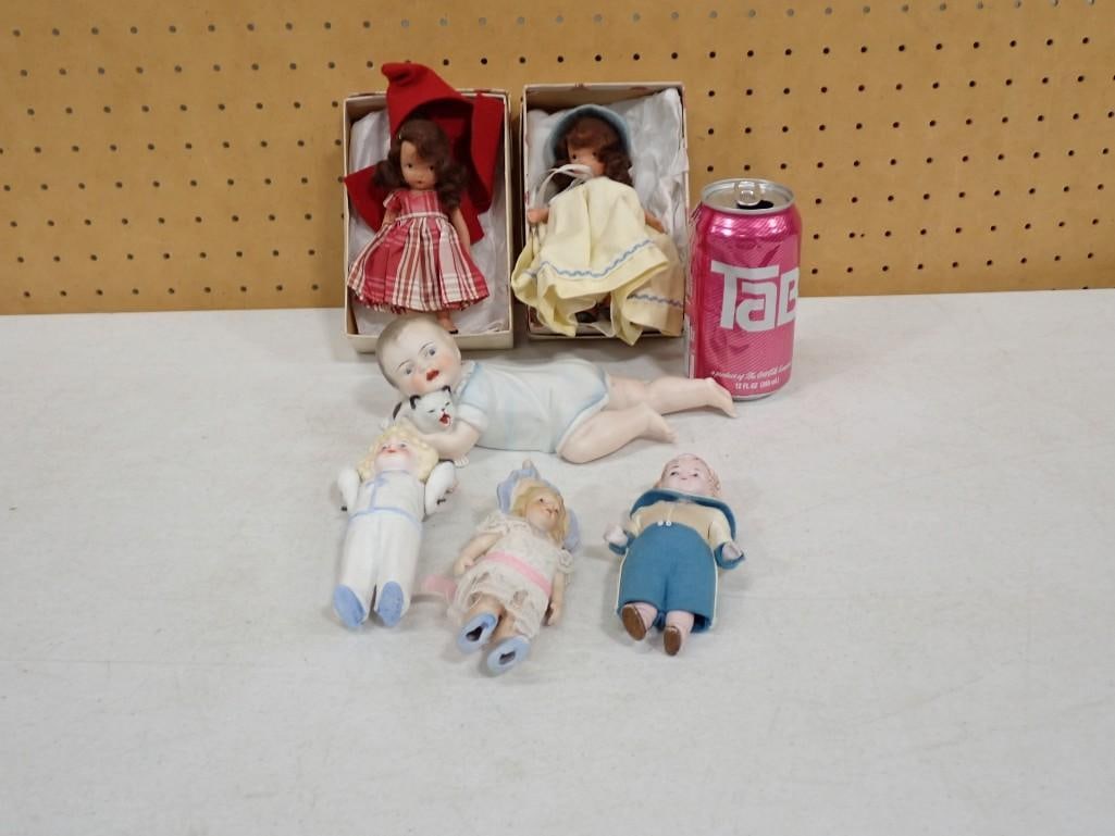6 Vintage Dolls including 1950's Storybook dolls w/ boxes, German Bisque Sailer, bisque porcelain do: 6 Vintage Dolls including 1950's Storybook dolls w/ boxes, German Bisque Sailer, bisque porcelain dolls with movable arms and stationary legs All pictures are considered part of the description an