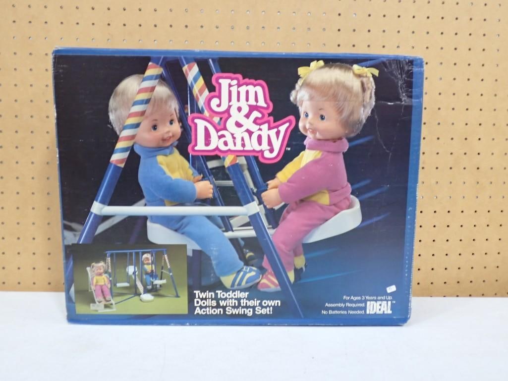 Vintage Ideal Jim & Dandy Twin Toddler Dolls with Action Swing Set with original box: Vintage Ideal Jim & Dandy Twin Toddler Dolls with Action Swing Set with original box All pictures are considered part of the description and should be examined carefully by bidders. Live Auctionee
