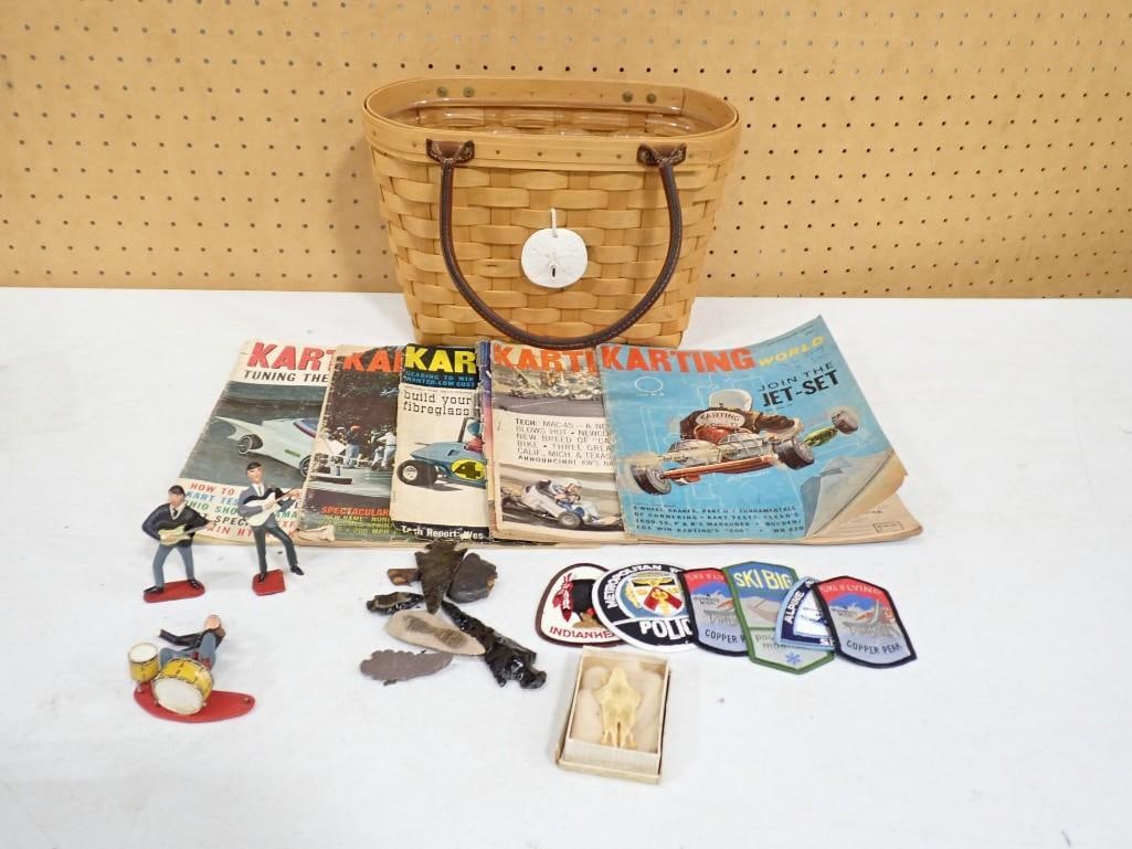 Collectibles / Vintage Lot including Signed Longaberger Basket, Beatles Cake Toppers, Karting World: Collectibles / Vintage Lot including Signed Longaberger Basket, Beatles Cake Toppers, Karting World Magazines, Vintage Patches, Fish Skull All pictures are considered part of the description and shoul