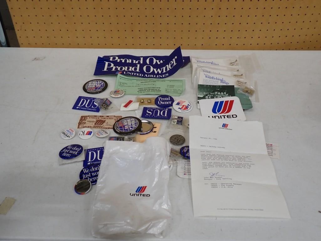 United Airlines Advertising and Collectibles Lot including Bumper Stickers, Buttons, Ephemera, Wings: United Airlines Advertising and Collectibles Lot including Bumper Stickers, Buttons, Ephemera, Wings, etc. All pictures are considered part of the description and should be examined carefully by bidde