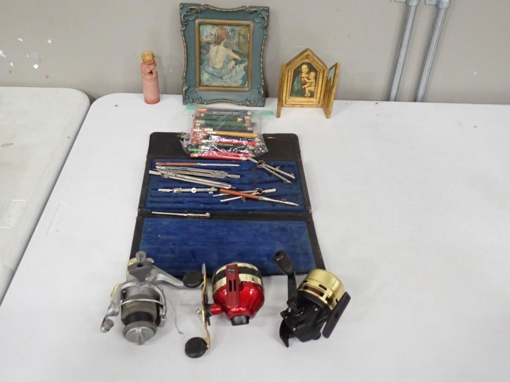 Misc Lot including Vintage Drafting Set and Pencils, Fishing Reels, Framed Prints, etc. (1 of 7)