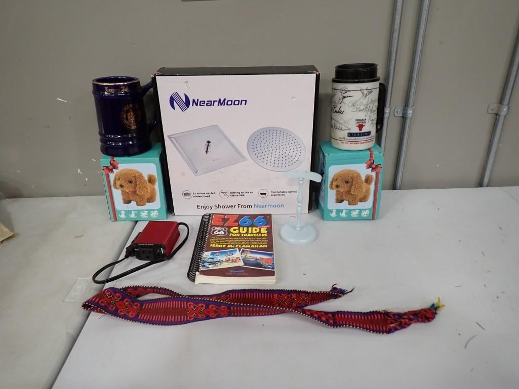 Misc Lot including Near Moon Shower Head, Route 66 Travel Guide, Chicago Bulls Mug, Wuffy Dog Plush: Misc Lot including Near Moon Shower Head, Route 66 Travel Guide, Chicago Bulls Mug, Wuffy Dog Plush, Car Power Inverter, etc. All pictures are considered part of the description and should be examined