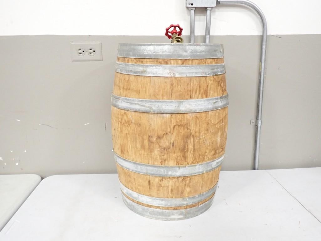 Rustic Wooden and Metal Barrel with Brass Valve Spout: Rustic Wooden and Metal Barrel with Brass Valve Spout All pictures are considered part of the description and should be examined carefully by bidders. Live Auctioneers is now offering Live Shipping th
