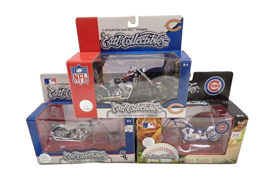 3 Ertl Collectibles Model Motorcycles 1:18 Scale New in Box: 3 Ertl Collectibles Model Motorcycles 1:18 Scale New in Box including Orange County Chopper, Die Cast OCC Chopper, White Sox Die Cast OCC Chopper All pictures are considered part of the description an
