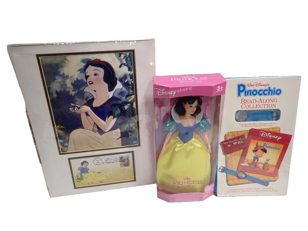 Disney Snow White Print and First Day Cover Stamp, Disney Store Snow White Doll, Pinocchio Read Alon: Disney Snow White Print and First Day Cover Stamp, Disney Store Snow White Doll, Pinocchio Read Along Collection. All new in package All pictures are considered part of the description and shoul