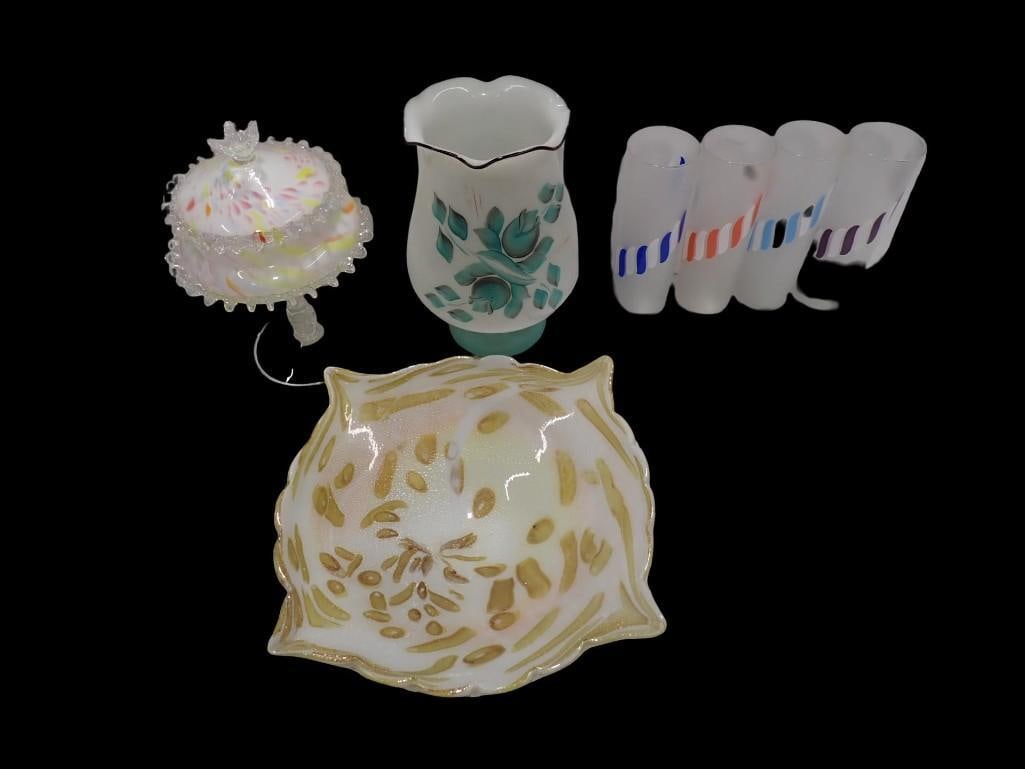 Set of 4 Frosted Glass Highball Glasses, Art Glass Candy Dish, Vase, Plate: Set of 4 Frosted Glass Highball Glasses, Art Glass Candy Dish, Vase, Plate All pictures are considered part of the description and should be examined carefully by bidders. Live Auctioneers is now offe