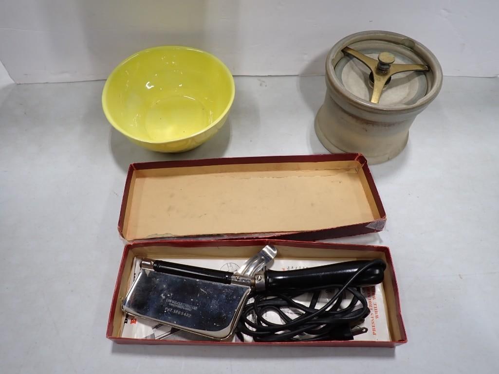 Vintage Empire Electric Trouser Presser, Vintage Ceramic Tobacco Jar or Humidor,: Vintage Empire Electric Trouser Presser, Vintage Ceramic Tobacco Jar or Humidor, Yellow Bowl All pictures are considered part of the description and should be examined carefully by bidders. Live Aucti