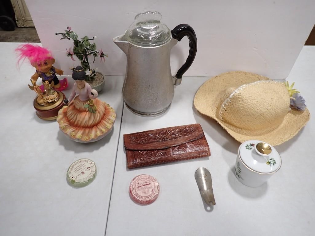 Collectibles incl Wallet, Troll Doll, Music Boxes, Hat, Coffee Pot, etc (1 of 20)