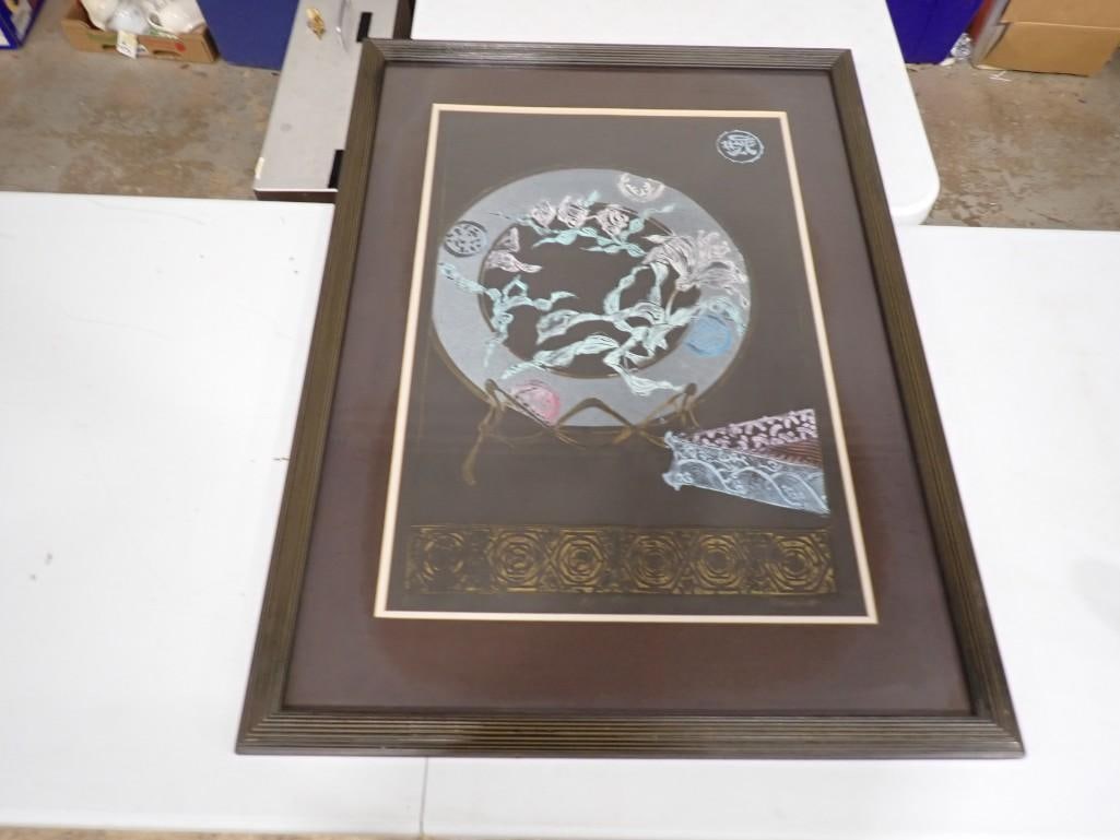 Karen Chambellain Framed Inlaid Mother of Pearl Mixed Media Art: Karen Chambellain Framed Inlaid Mother of Pearl Mixed Media Art. Measures roughly 28x37" All pictures are considered part of the description and should be examined carefully by bidders. Live
