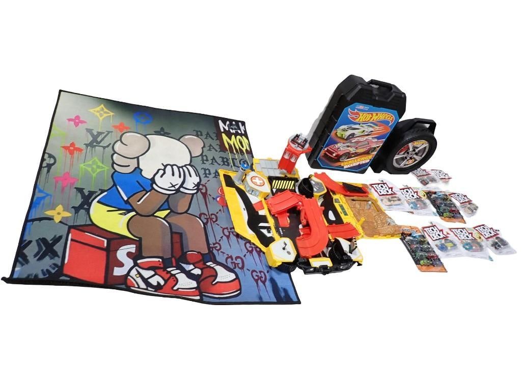 Toy Lot including Kaws Mat, Hot Wheels Car Cases, Tech Deck New in Package Skateboards, Hummer: Toy Lot including Kaws Mat, Hot Wheels Car Cases, Tech Deck New in Package Skateboards, Micro Machines Hummer Play Set, etc All pictures are considered part of the description and should be examined c