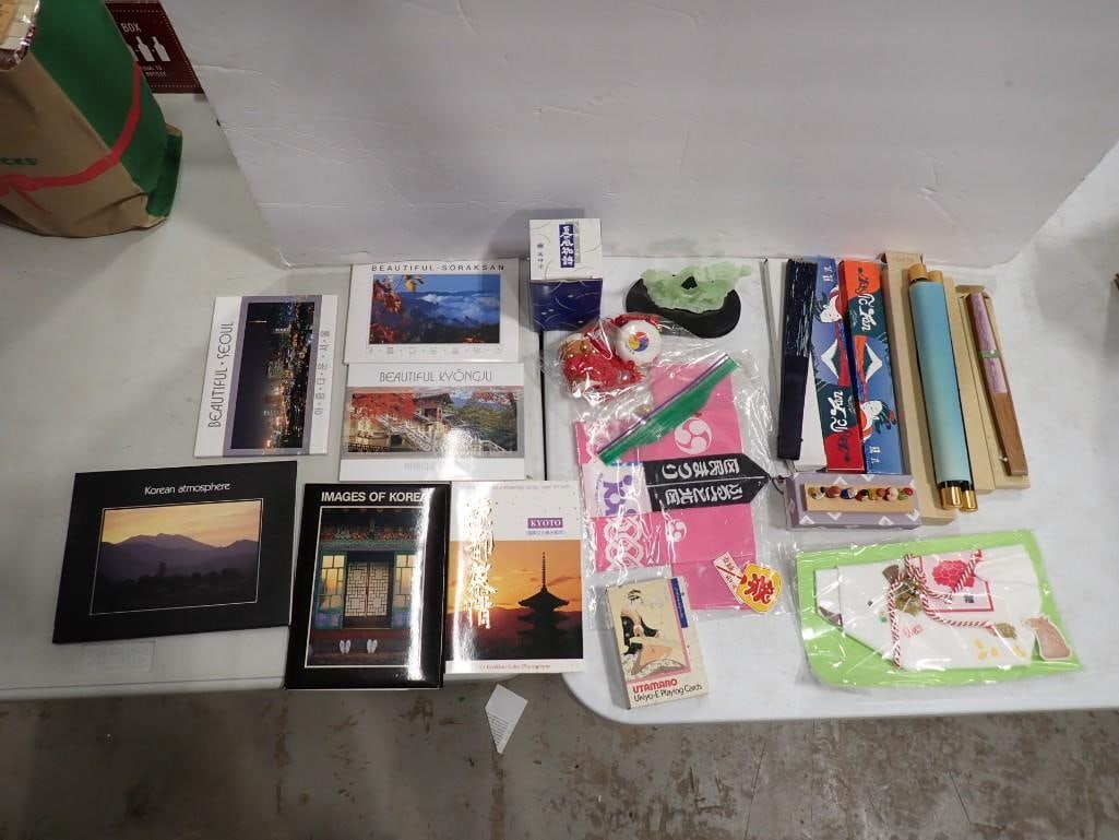 Lot of Korean Ephemera, Folding Fans, Japanese, Playing Cards, etc: Lot of Korean / Asian Ephemera, Folding Fans, Japanese, Playing Cards, etc All pictures are considered part of the description and should be examined carefully by bidders. Live Auctioneers is now offe