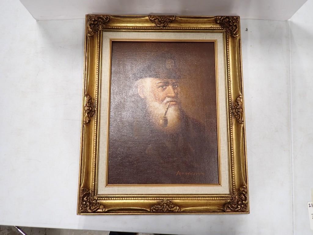 Framed Oil Painting - Sea Captain Smoking a Pipe - Signed Apodaca: Framed Oil Painting - Sea Captain Smoking a Pipe - Signed Apodaca Measures roughly 21x19" All pictures are considered part of the description and should be examined carefully by bidders. Live Auct