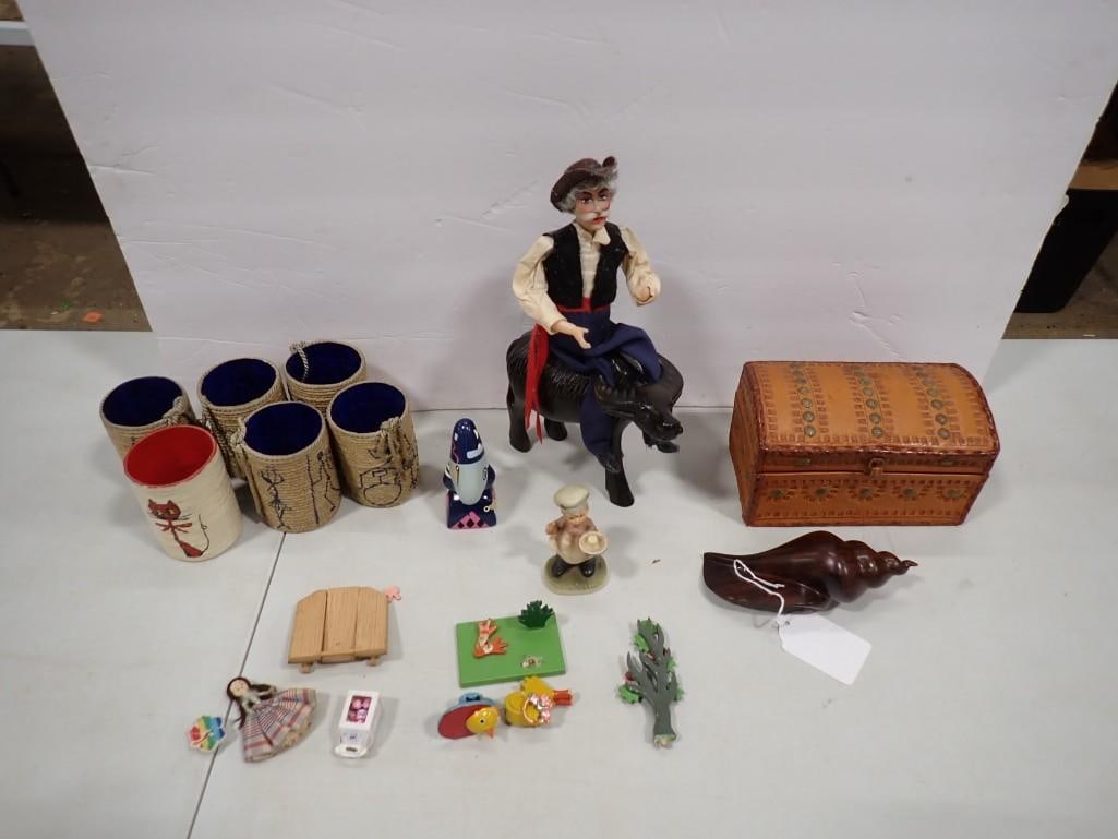 Misc. Lot including Figurines, Woven Rope Cups, Folk Figurine, Hand Carved Wood Shell, etc.: Misc. Lot including Figurines, Woven Rope Cups, Folk Figurine, Hand Carved Wood Shell, etc. All pictures are considered part of the description and should be examined carefully by bidders. Live Auctio