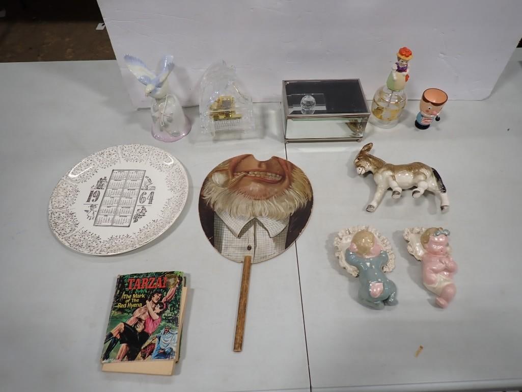 Vintage Collectibles including 1964 Calendar Plate, Donkey Figurine, Piano Music Box, Tarzan, etc: Vintage Collectibles including 1964 Calendar Plate, Donkey Figurine, Piano Music Box, Tarzan, Advertising, etc All pictures are considered part of the description and should be examined carefully by b