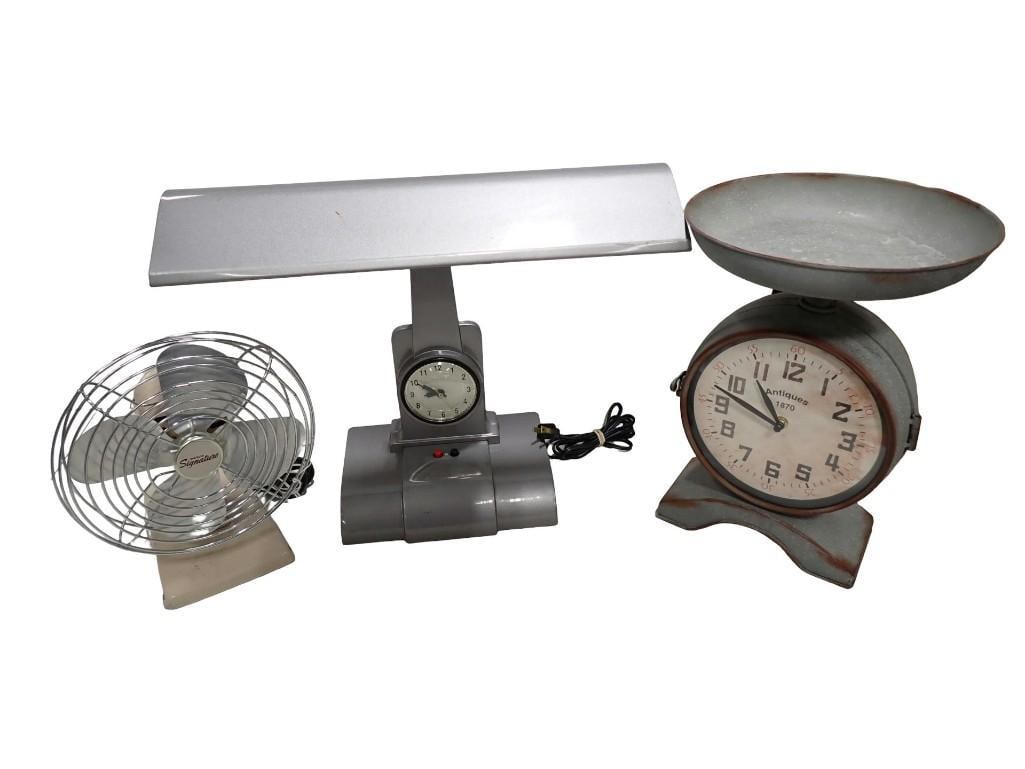Vintage Desk Fan, Clock that looks like an old scale, Industrial Desk Lamp with Clock: Vintage Desk Fan, Clock that looks like an old scale, Industrial Desk Lamp with Clock All pictures are considered part of the description and should be examined carefully by bidders. Live Auctioneers 