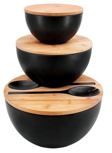 New in Box Bamboo Salad Bowl Set with cutting board lids and serving utensils in Black: Bamboo Salad Bowl Set with cutting board lids and serving utensils in Black - should look similar to the first picture. New in Box All pictures are considered part of the description and should 