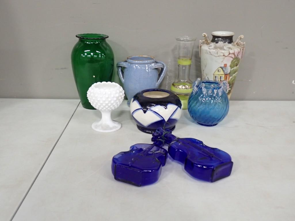 Assorted Glass and Pottery Including Cobalt Blue Violins, Hobnail Milk Glass, Italian, Signed, etc: Assorted Glass and Pottery Including Cobalt Blue Violins, Hobnail Milk Glass, Italian, Signed, etc All pictures are considered part of the description and should be examined carefully by bidders. Live
