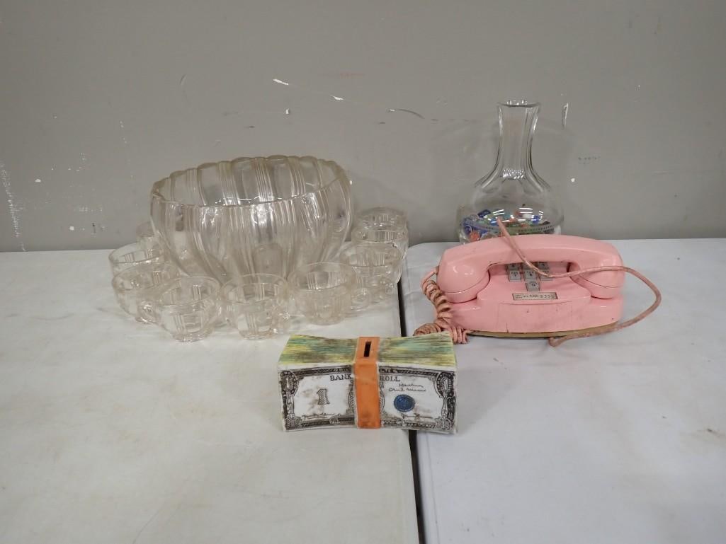Misc. Lot - Vase full of Marbles, Vintage Pink Princess Telephone, Punch Bowl and Glasses,: Misc. Lot - Vase full of Marbles, Vintage Pink Princess Telephone, Punch Bowl and Glasses, Dollar Bill Coin Bank All pictures are considered part of the description and should be examined carefully by
