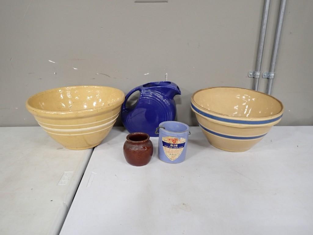 Stoneware / Pottery Lot including Mixing Bowls, Blue Pitcher, Advertising Cheese Crock: Stoneware / Pottery Lot including Mixing Bowls, Blue Pitcher, Advertising Cheese Crock All pictures are considered part of the description and should be examined carefully by bidders. Live Auctioneers