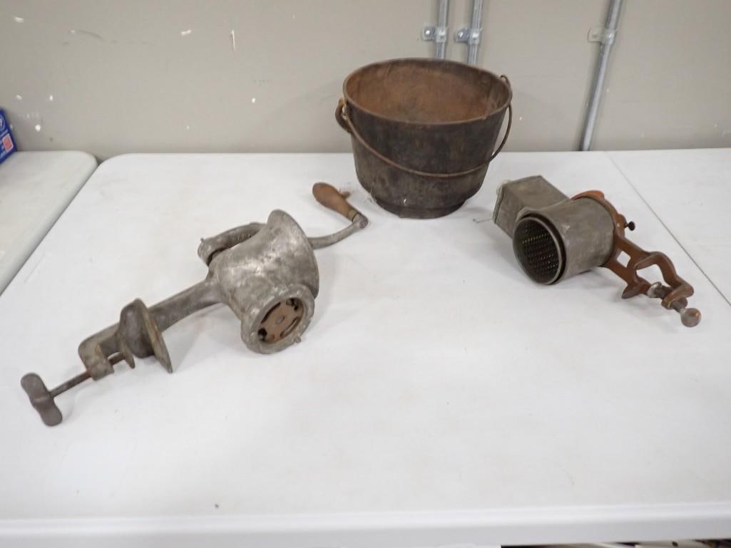 Primitives including Griswald Meat Grinder, Antique Rusty Bucket, Grinder or Cheese Grater, etc (1 of 10)