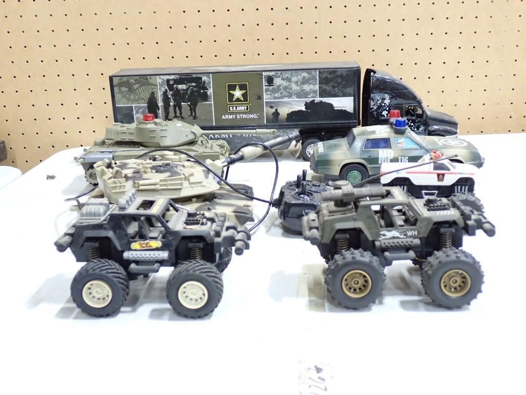Military Toy Lot including US Army Semi Truck, MP Police Car, Vintage, Trucks, Tanks, etc: Military Toy Lot including US Army Semi Truck, MP Police Car, Vintage, Trucks, Tanks, etc All pictures are considered part of the description and should be examined carefully by bidders. Live Auctione