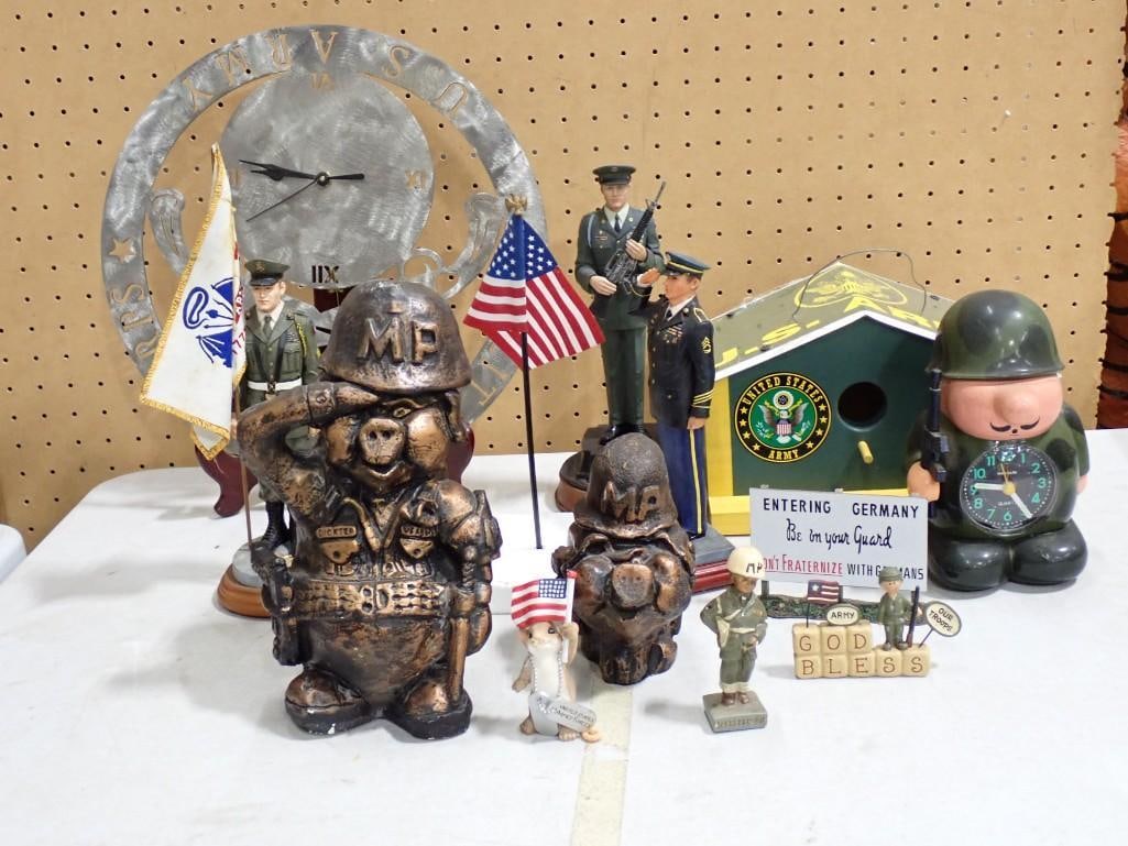 Military Collectibles Lot including Military Police Pig Soldier Figurines, Birdhouse, Clocks, (1 of 8)