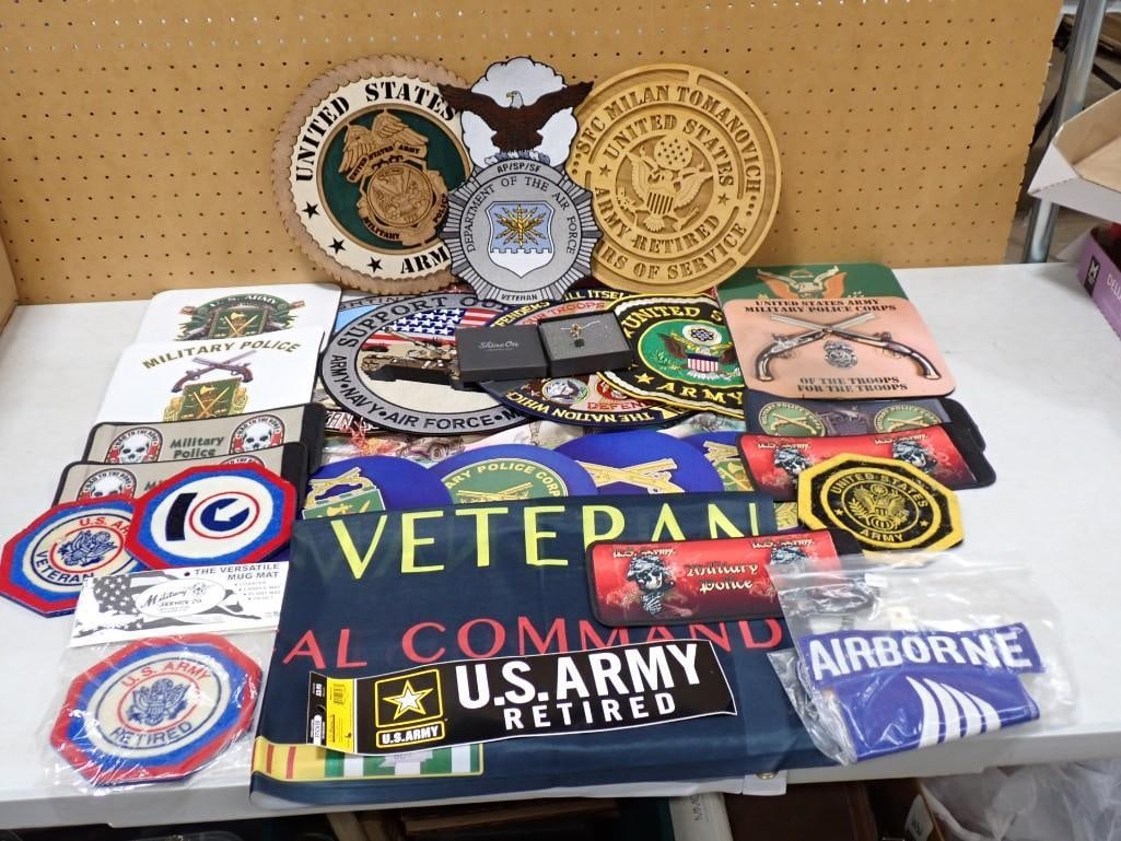 US Military Lot including Wall Hangings, Patches, Bumper Sticker, Mug Mats, Collectibles, etc: US Military Lot including Wall Hangings, Patches, Bumper Sticker, Mug Mats, Collectibles, etc All pictures are considered part of the description and should be examined carefully by bidders. Live Auct