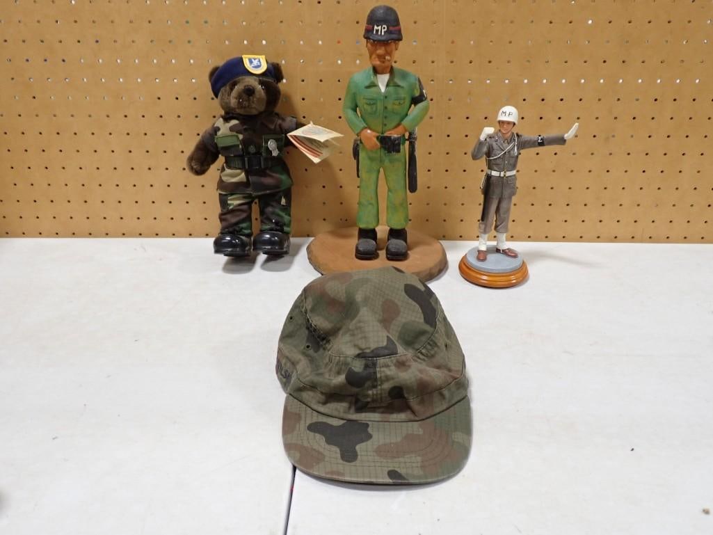 Military lot including Hand Carved GI Joe Vietnam Policeman Signed Colburn 84, American Heroes: Military lot including Hand Carved GI Joe Vietnam Policeman Signed Colburn 84, American Heroes Limited Edition MP VAH91152, Bear Forces of America Plush, Camouflage Hat All pictures are considered par