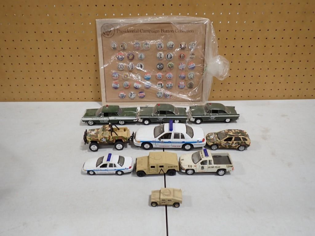 Presidential Campaign Button Collection, Die Cast Cars including Chicago Police, US Army, etc: Presidential Campaign Button Collection, Die Cast Cars including Chicago Police, US Army, etc All pictures are considered part of the description and should be examined carefully by bidders. Live Auct