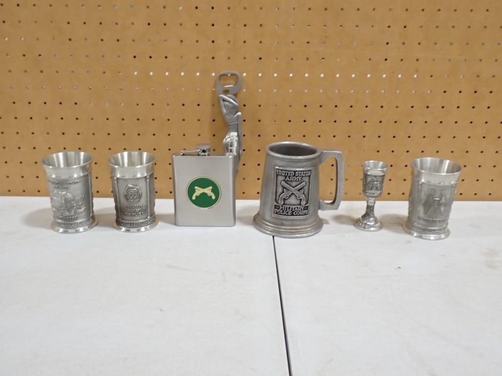 Metal and Pewter Lot including US Army Military Police Corps, Flask, Risque Bottle Opener, Stein / C (1 of 8)