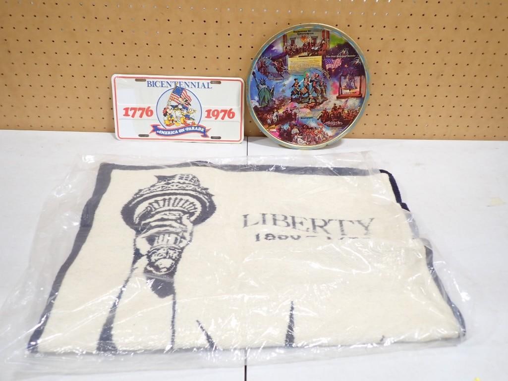 Statue of Liberty Centennial Rug 1886-1986, Bicentennial Plate/Tray and License Plate Cover: Statue of Liberty Centennial Rug 1886-1986, Bicentennial Plate/Tray and License Plate Cover All pictures are considered part of the description and should be examined carefully by bidders. Live Auctio