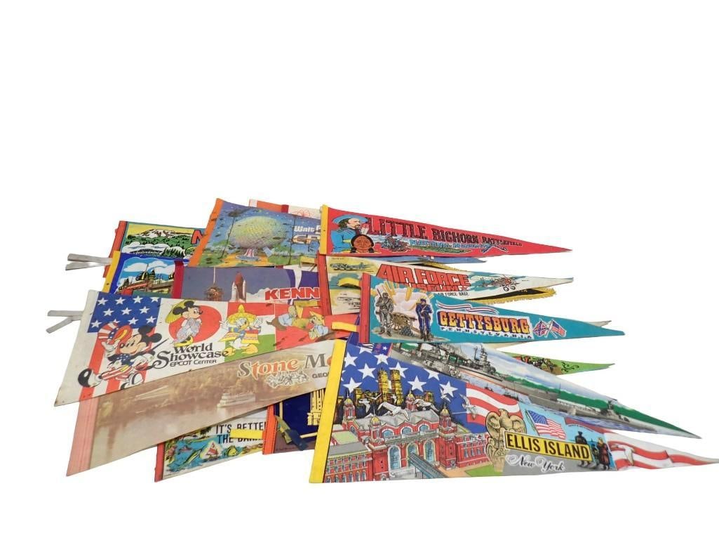 Large Lot of Vintage Pennants including Souvenir, Walt Disney, Air Force, Gettysburg, Kennedy Space (1 of 12)