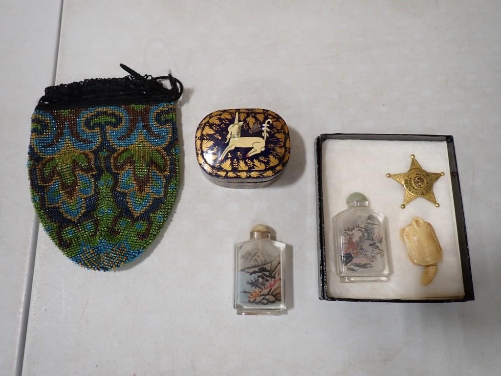 Glass Bead Purse, Unicorn Trinket Box, Vintage Illinois State Representative Badge, Snuff Bottle: Glass Bead Purse, Unicorn Trinket Box, Vintage Illinois State Representative Badge, Reverse Painted Snuff Bottle, Carved Turtle All pictures are considered part of the description and should be examin