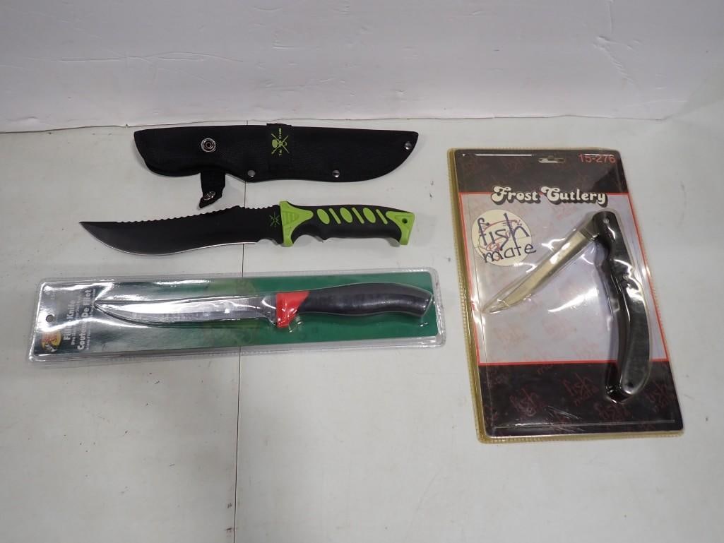 Knife Lot including New in Package Bass Pro Filet Knife, Frost Cutlery Fish Mate, Tax Xtreme Bowie: Knife Lot including New in Package Bass Pro Filet Knife, Frost Cutlery Fish Mate, Tax Xtreme Bowie Knife with Sheath All pictures are considered part of the description and should be examined carefull
