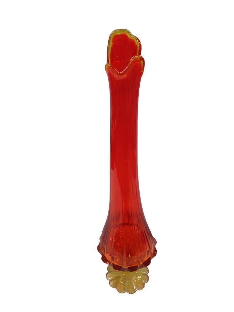 MCM Fenton Swung or Stretch Vase Amberina Color Valencia Pattern Thumbprint Pedestal Foot & Elongate: Vintage Mid Century Modern MCM Fenton Swung or Stretch Vase Amberina Color Valencia Pattern Thumbprint Pedestal Foot & Elongated Ribbed Panels All pictures are considered part of the description a